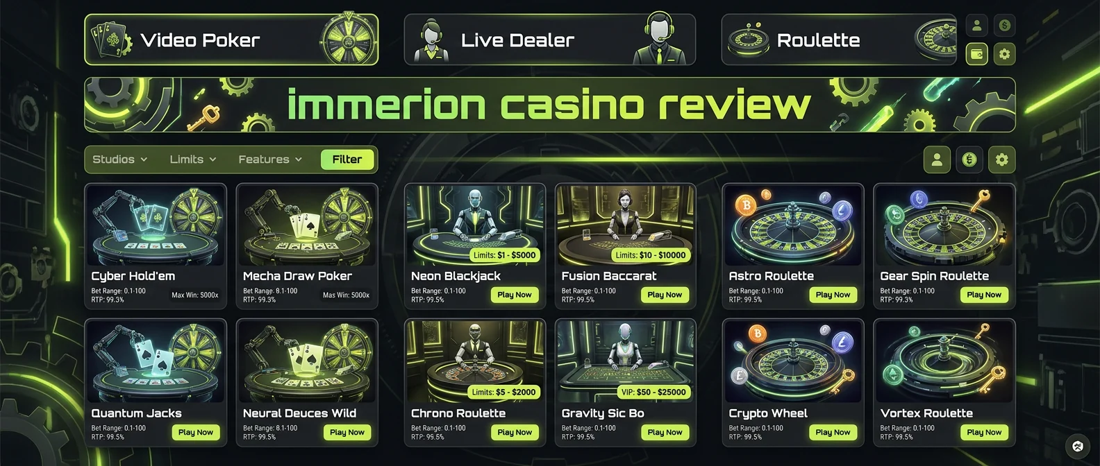 Immerion: Game Selection: Casino Classics, Live Dealer & Poker
